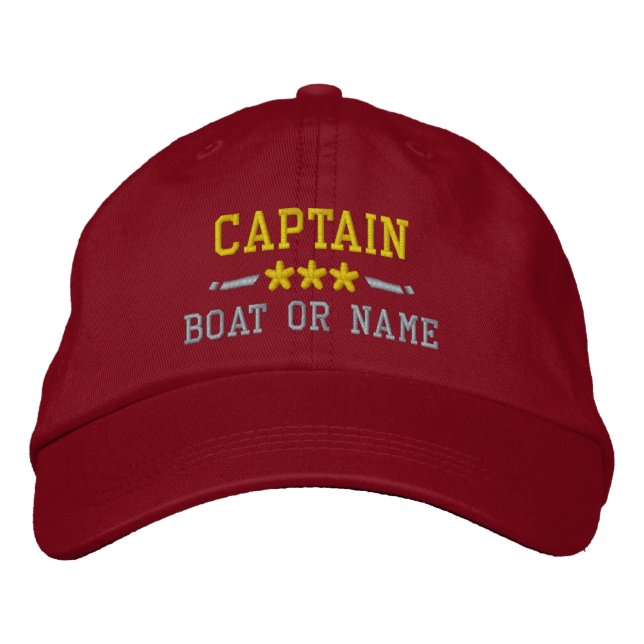 Boat Name Captain Nautical Stars Gold Silver Red Embroidered Hat (Front)