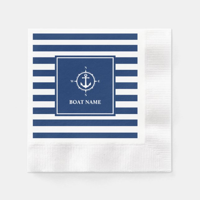 Boat Name Compass Anchor Blue Stripes Cocktail Napkin (Front)