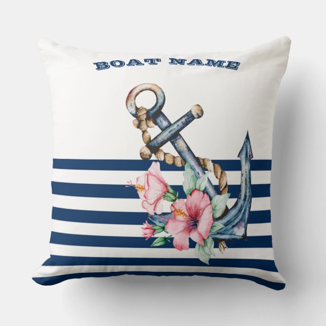  Boat Name,Floral Anchor Navy Blue Stripe Cushion (Front)