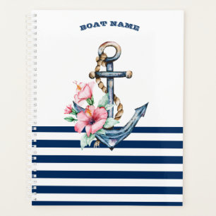 Boat Name,Floral Anchor Navy Blue Stripes Planner
