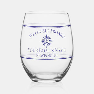 Boat Name Home Port Compass Rose Anchor Stemless Wine Glass