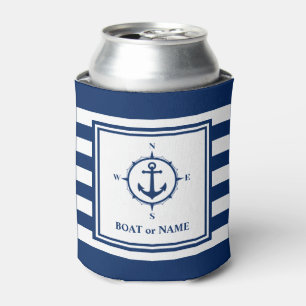 Boat Name Nautical Anchor Compass navy blue stripe Can Cooler