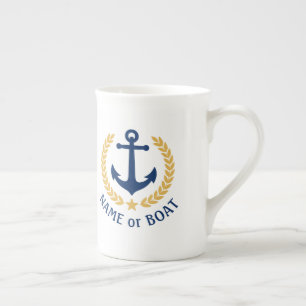 Boat Name Nautical Anchor Gold Style Laurel Navy Bone China Mug
