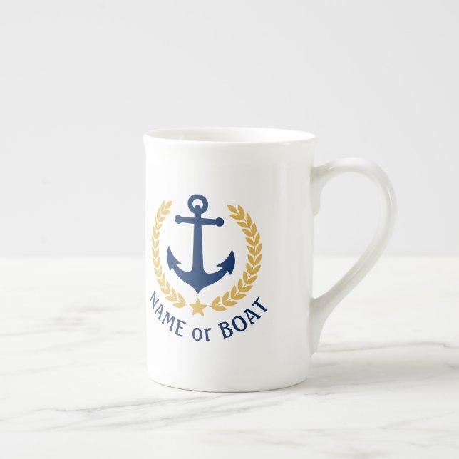 Boat Name Nautical Anchor Gold Style Laurel Navy Bone China Mug (Right)