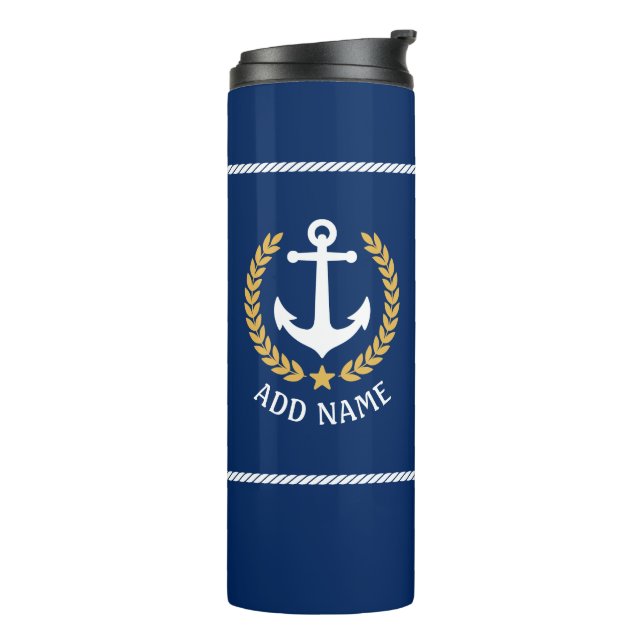 Boat Name Nautical Anchor Gold Style Laurel Navy Thermal Tumbler (Rotated Left)