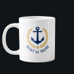 Boat Name Nautical Anchor Gold Style Laurel Star Large Coffee Mug<br><div class="desc">A Personalised giant 20-ounce coffee Mug with your boat name,  family name or other desired text. Featuring a custom designed nautical boat anchor,  gold style laurel leaves and star emblem. Makes a great gift for any occasion.</div>
