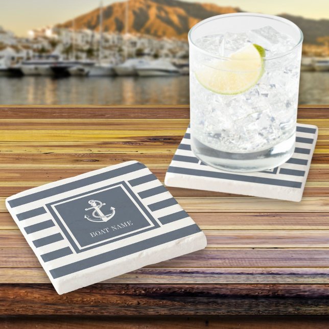 Boat Name Nautical Anchor Navy Blue Stripe Stone Coaster (Boat Name Nautical Anchor Navy Blue Stripe Stone Coaster)