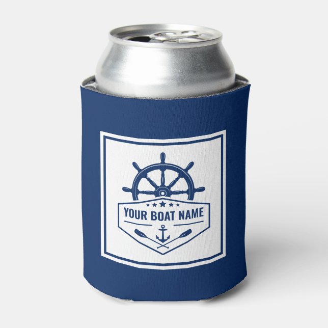 Boat Name Nautical Anchor Oars Helm Navy Blue Can Cooler (Can Front)