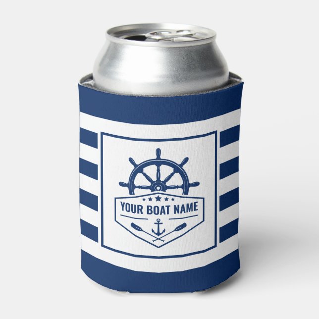 Boat Name Nautical Anchor Oars Helm Navy Stripes Can Cooler (Can Front)