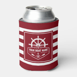 Boat Name Nautical Anchor Oars Helm Red & White Can Cooler