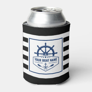 Boat Name Nautical Anchor Oars Helm Striped Can Cooler