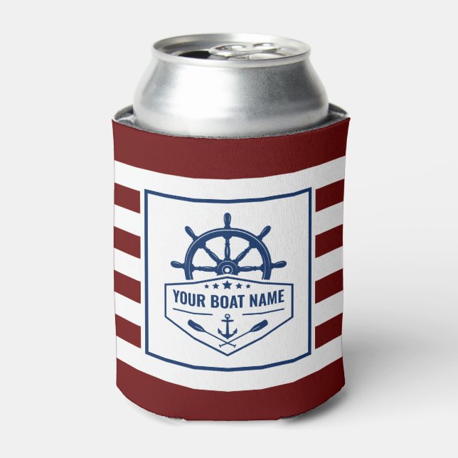 Boat Name Nautical Anchor Oars Helm Stripes Can Cooler (Can Front)