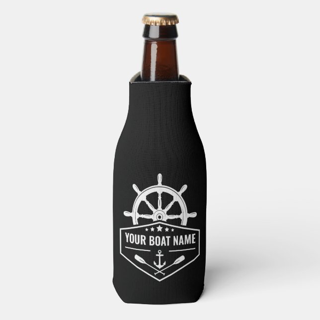 Boat Name Nautical Anchor Oars & Ships Wheel Black Bottle Cooler (Bottle Front)