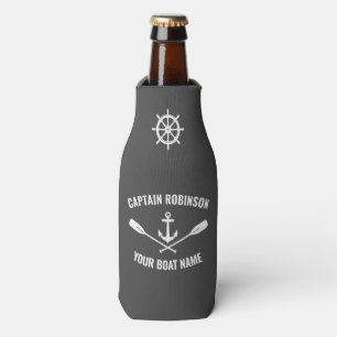 Boat Name Nautical Anchor Oars & Ships Wheel Grey Bottle Cooler