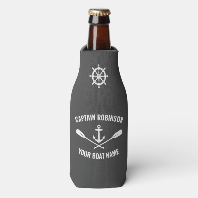 Boat Name Nautical Anchor Oars & Ships Wheel Grey Bottle Cooler (Bottle Front)