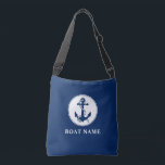 Boat Name Nautical Anchor Rope Navy Blue Crossbody Bag<br><div class="desc">A navy blue crossbody tote bag with your personalised name,  boat name or other desired text. Features a custom designed nautical anchor and rope. Easily customise the base colour to match your current theme or decor. Great for vacation,  shopping and travelling. The perfect personalised gift for any occasion.</div>