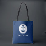 Boat Name Nautical Anchor & Rope Navy Blue White Tote Bag<br><div class="desc">A navy blue tote bag with your personalised name,  boat name or other desired text. Features a custom designed nautical anchor and rope. Easily customise the base colour to match your current theme or decor. Great for vacation,  shopping and travelling. The perfect personalised gift for any occasion.</div>