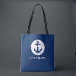 Boat Name Nautical Anchor & Rope Navy Blue White Tote Bag<br><div class="desc">A navy blue tote bag with your personalised name,  boat name or other desired text. Features a custom designed nautical anchor and rope. Easily customise the base colour to match your current theme or decor. Great for vacation,  shopping and travelling. The perfect personalised gift for any occasion.</div>