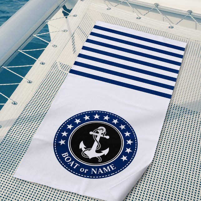 Boat Name Nautical Anchor Stars Stripes Navy Blue Beach Towel (Creator Uploaded)