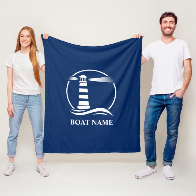 Boat Name Nautical Classic Lighthouse Navy Blue Fleece Blanket (In Situ)