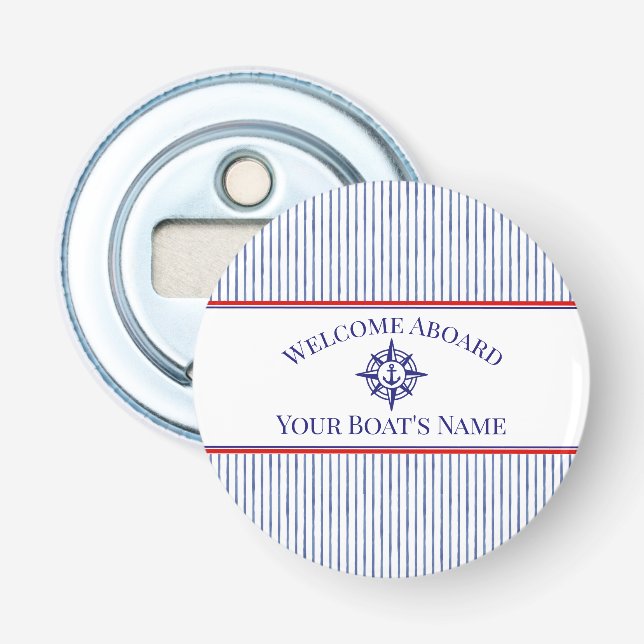 Boat Name Nautical Compass Button Bottle Opener (Front)