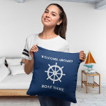 Boat Name Nautical Ships Wheel Helm Navy Blue Cushion<br><div class="desc">Your Personalised Boat or Family Name with Classic Nautical Ships Wheel Helm on Navy Blue Throw Pillow Cushion.</div>
