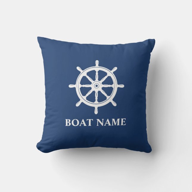 Boat Name Nautical Ships Wheel Helm Navy Blue Cushion (Front)