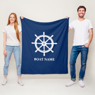 Boat Name Nautical Ships Wheel Helm Navy Blue Fleece Blanket
