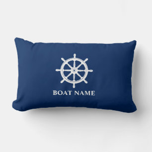 Boat Name Nautical Ships Wheel Helm Navy Blue Lumbar Cushion
