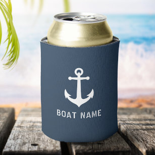 Boat Name Nautical Vintage Anchor Grey Blue Can Cooler