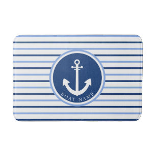 Boat Name Navy Blue Anchor Modern Coastal  Bath Mat