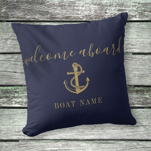 Boat Name Navy Blue And Gold Anchor Welcome Aboard Cushion