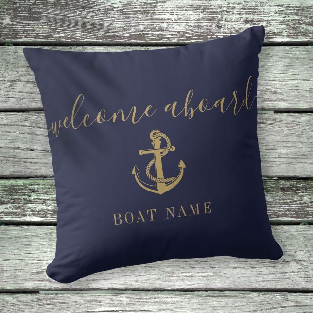 Boat Name Navy Blue And Gold Anchor Welcome Aboard Cushion (Boat Name Navy Blue And Gold Anchor Welcome Aboard Throw Pillow)