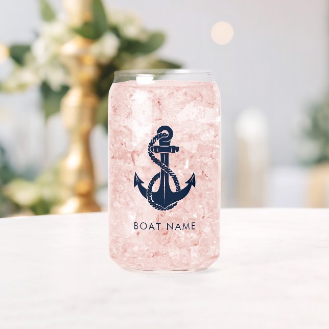 Boat Name Navy Blue Nautical Anchor Custom Can Glass (Insitu (Wedding))