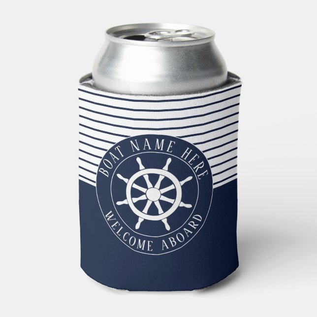 Boat Name Navy Blue Nautical Ship Helm Yacht Can Cooler (Can Front)