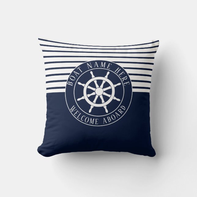 Boat Name Navy Blue Nautical Ship Helm Yacht Cushion (Front)