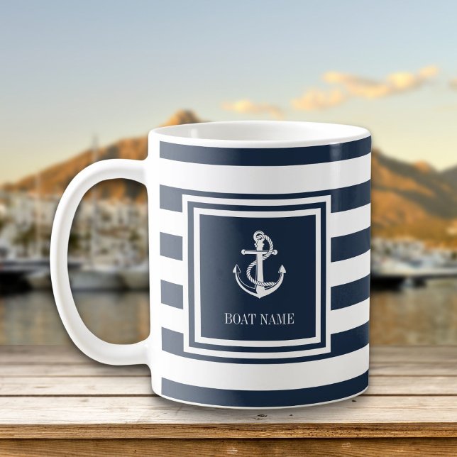 Boat Name Navy Blue Stripe Nautical Anchor Coffee Mug (Boat Name Navy Blue Stripe Nautical Anchor Coffee Mug)