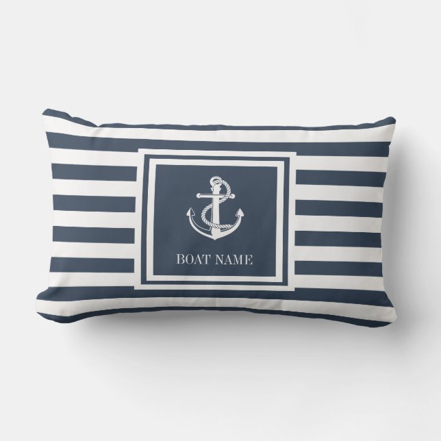 Boat Name Navy Blue Striped Nautical Anchor Lumbar Cushion (Front)