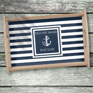 Boat Name Navy Blue Striped Nautical Anchor Serving Tray