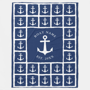 Boat Name Navy Blue White Anchors Nautical Fleece Blanket