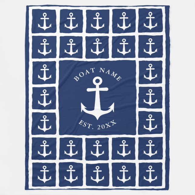 Boat Name Navy Blue White Anchors Nautical Fleece Blanket (Front)