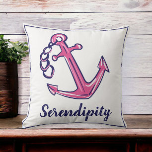 Boat Name Navy Pink Anchor Cushion