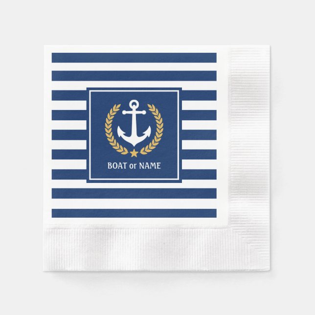 Boat Name or Family Anchor Gold Laurel Stripes Napkin (Front)