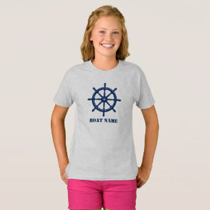 Boat Name or Your Name Ship Helm Wheel Navy & Gray T-Shirt