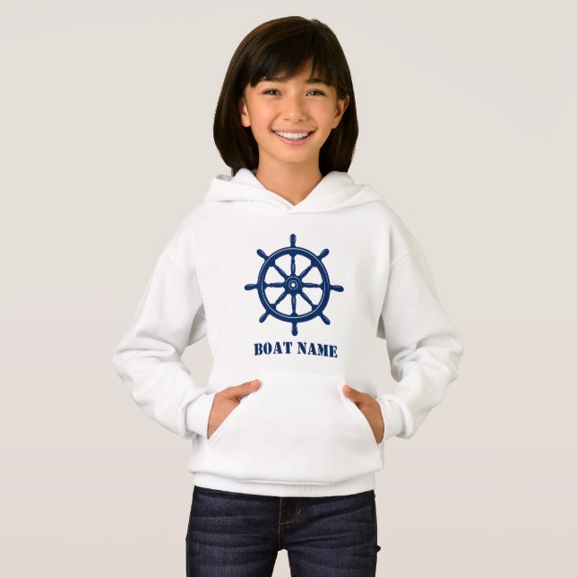 Boat Name or Your Name Ship Helm Wheel Navy White (Front Full)