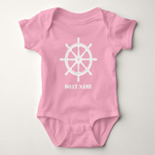 Boat Name or Your Name Ship Helm Wheel Pink White Baby Bodysuit