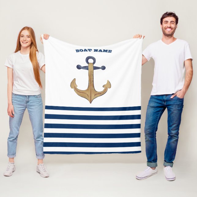  Boat Name,Retro Anchor  Navy Blue White Stripes Fleece Blanket (In Situ)