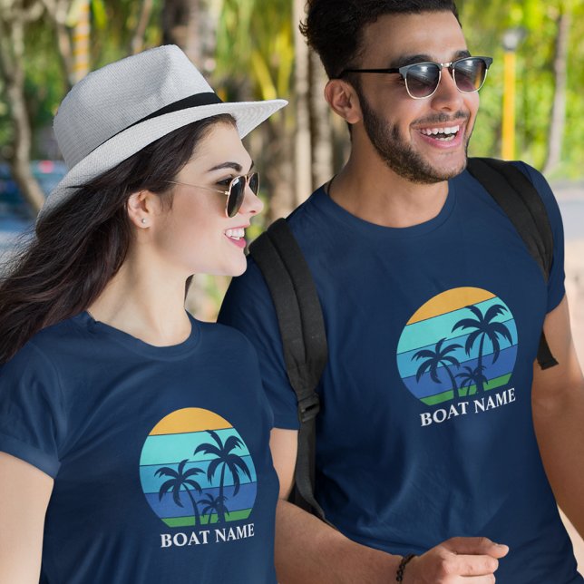 Boat Name Sun Palm Trees Blue T-Shirt (Customize to change text size or text style.)