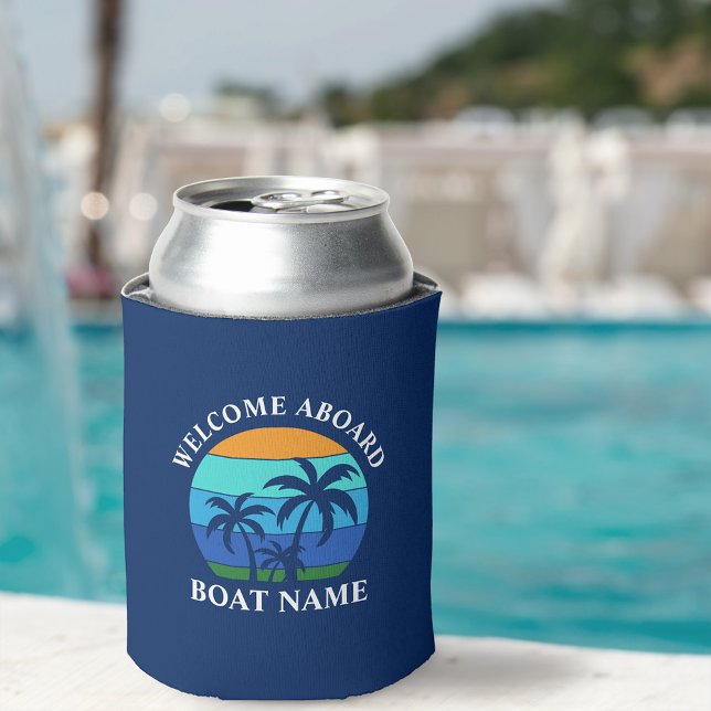 Boat Name Sun Palm Trees Welcome Aboard Blue Can Cooler (Customize to change text size or text style.)