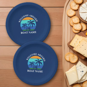 Boat Name Sun Palm Trees Welcome Aboard Blue Paper Plate